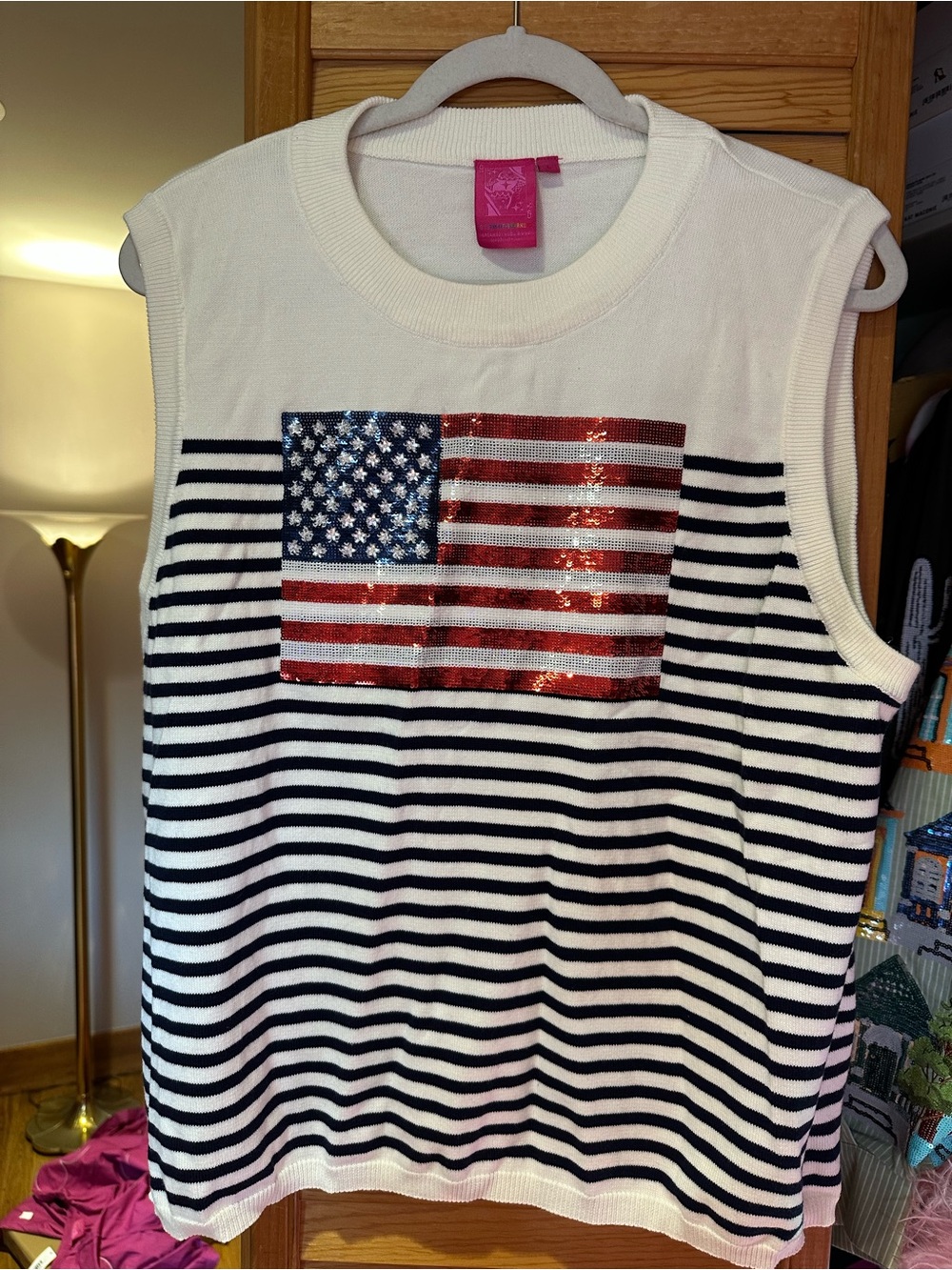 QUEEN OF SPARKLES White & Navy Sleeveless Striped Knit Top with Sequin Flag